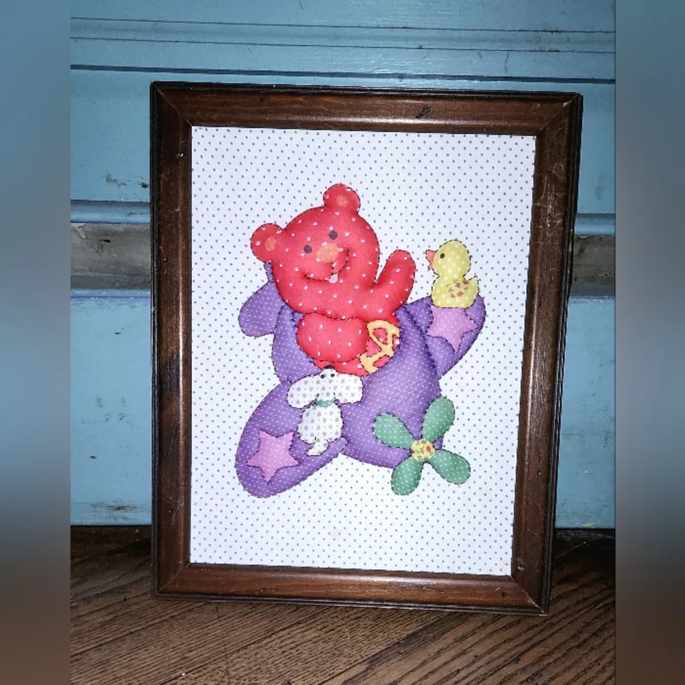 Vtg Puff Fabric Quilted Photo Framed Artwork Baby Infant Animals Airplane... dim